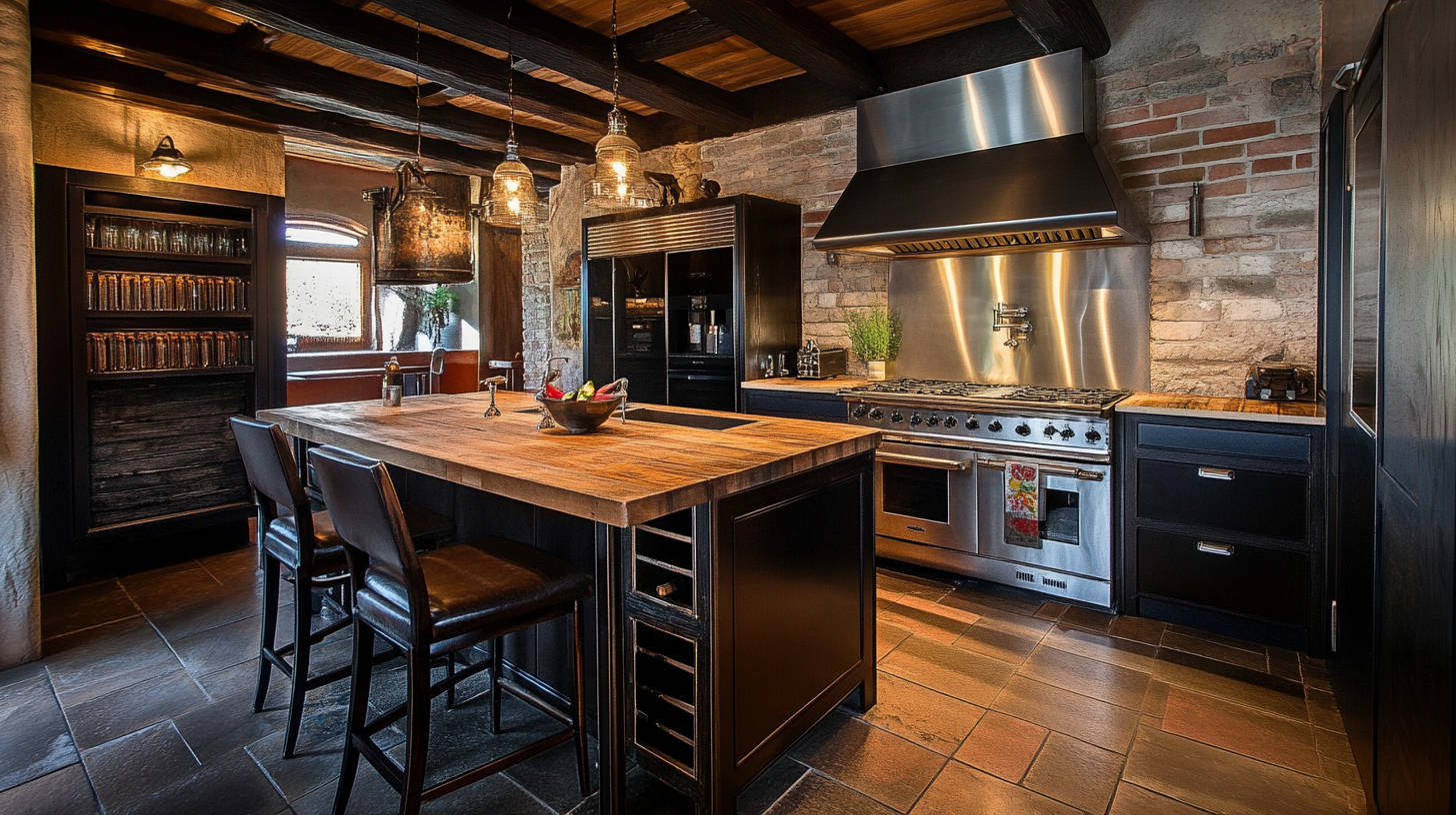 Industrial-style kitchen with matte black cabinets, butcher block island, and exposed brick wall.