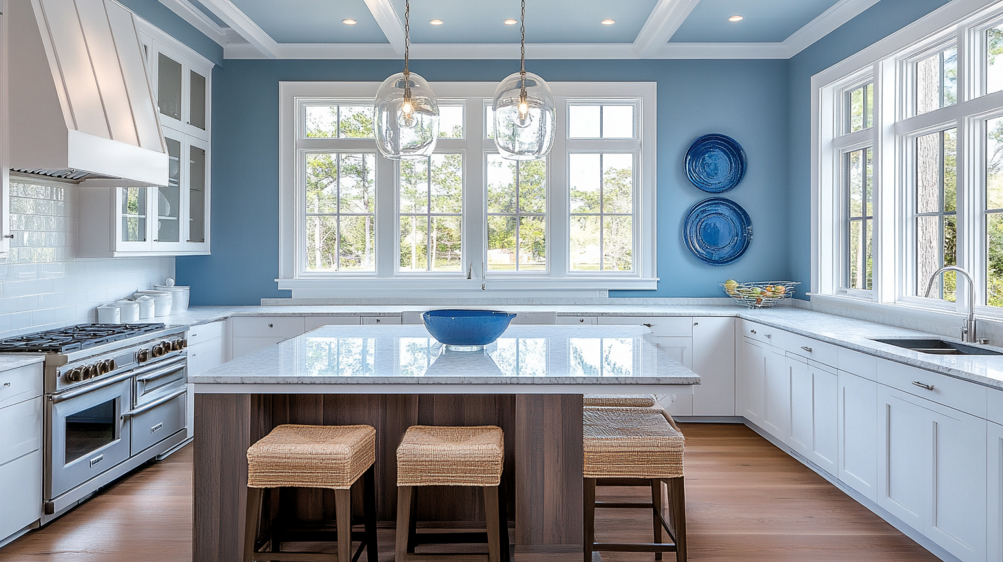 Bright kitchen with white cabinets, light countertops, and sky-blue walls, ideal for coastal or modern styles.