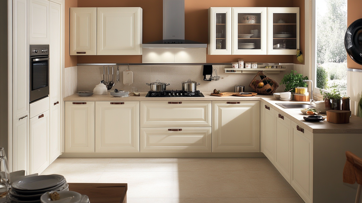 L-shaped kitchen with cream shaker-style cabinets and built-in oven – warm and efficient kitchen cabinet design for 2025.