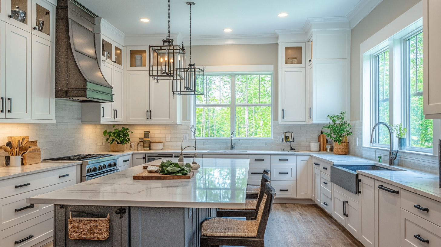 White shaker kitchen cabinets with a contrasting dark island and black hood – elegant and transitional cabinet look for 2025.