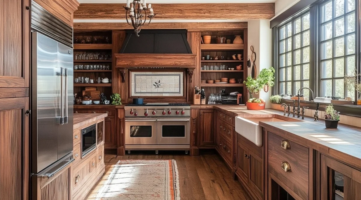 اجمع بين خشب الجوز والأجهزة العتيقة والأرفف المفتوحة لإنشاء مطبخ دافئ وريفي