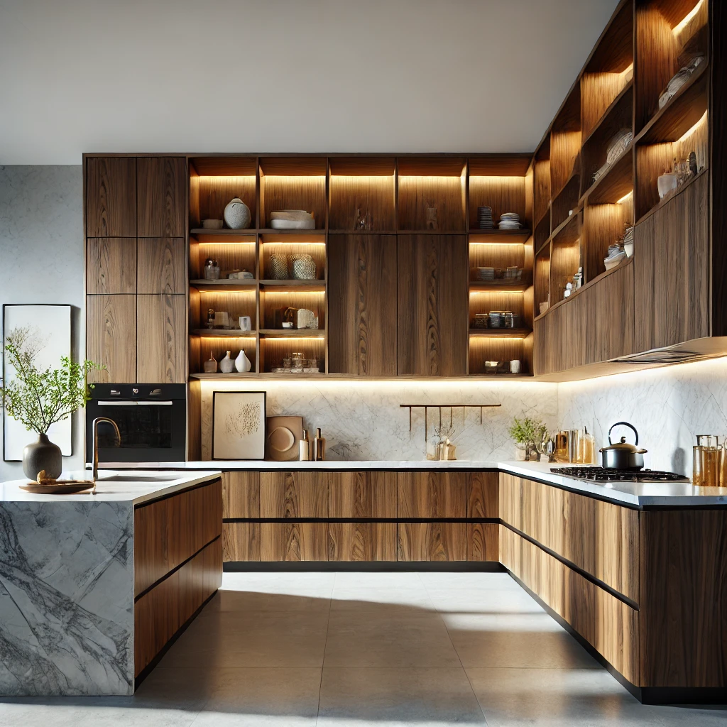 Modern kitchen with walnut kitchen cabinets featuring under-cabinet and shelf lighting, marble countertops, and high-end appliances. The walnut wood's rich grain and sleek design, combined with minimalist decor and open shelving, create a sophisticated, contemporary atmosphere.