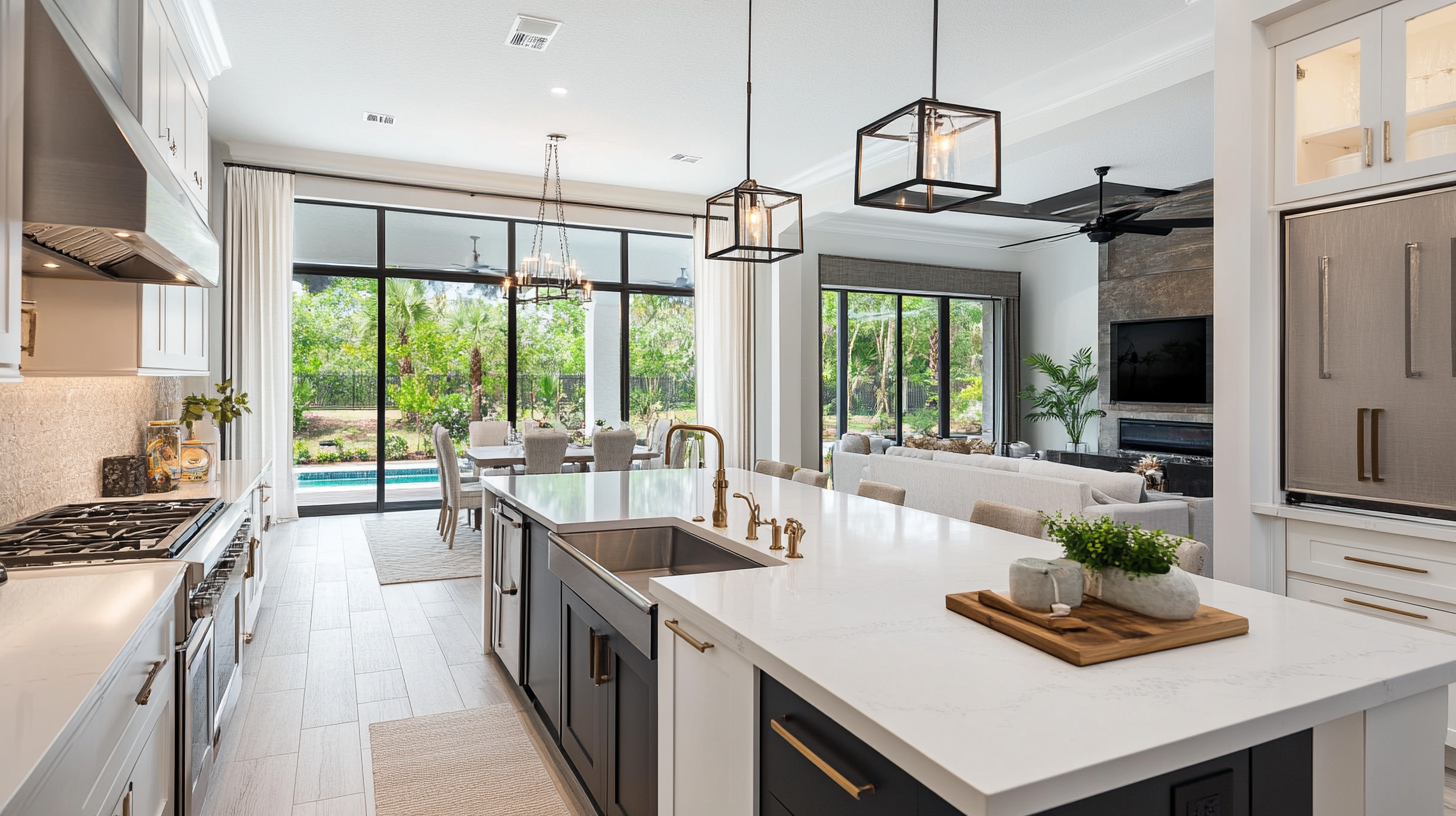 Bright luxury kitchen in a villa with white countertops, gold hardware, and large island facing living area.