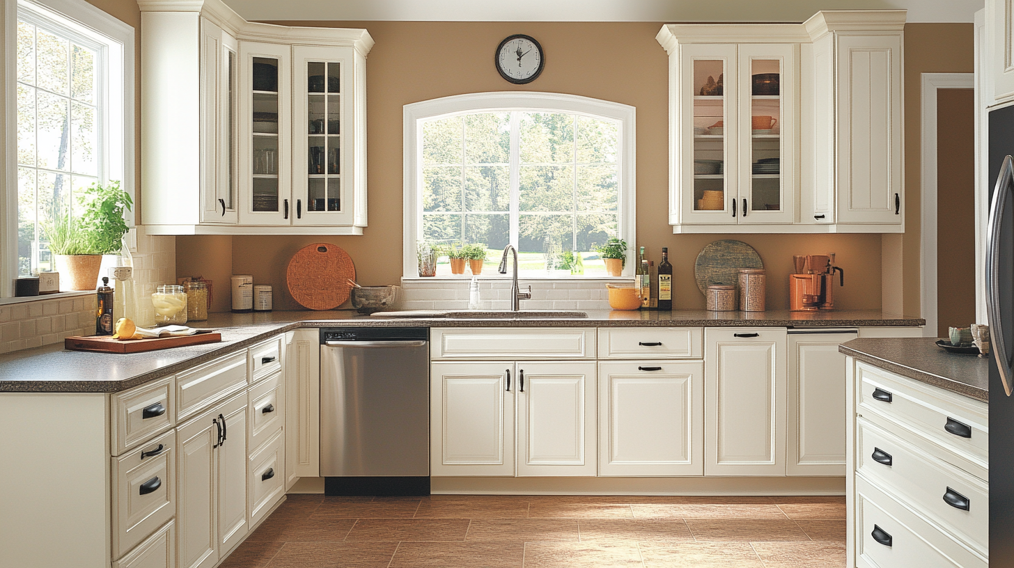 Farmhouse L-shaped kitchen with raised panel white cabinets and wide center window – traditional kitchen layout with modern functionality for 2025.