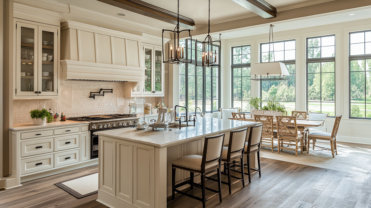 Farmhouse-style open-plan kitchen with cream cabinets, large island, and full-height windows – timeless kitchen cabinet inspiration for 2025.