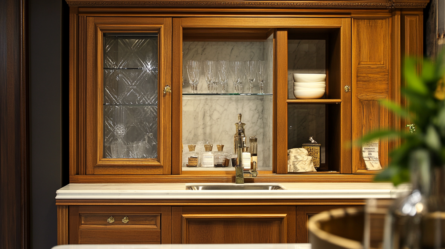 Classic framed kitchen cabinets with carved wood panels, glass inserts, and marble backsplash – traditional cabinet style for 2025.