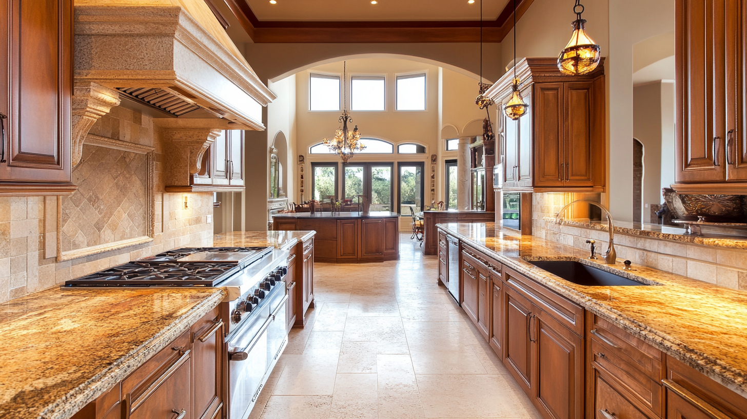 Galley-style villa kitchen with long counter runs and clearly defined cooking and cleaning zones.