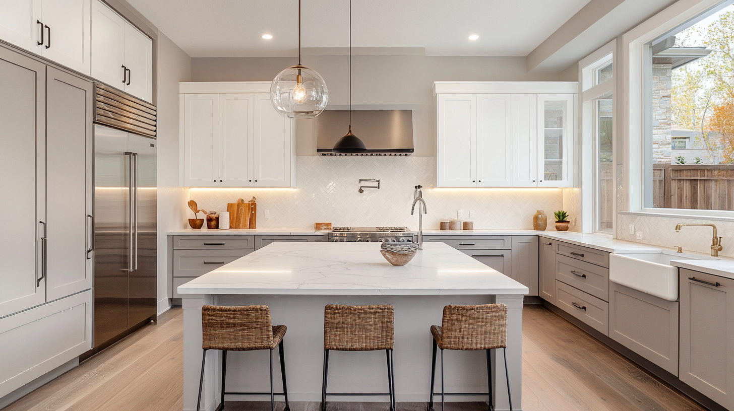 Two-tone kitchen cabinets in gray and white with a large island and modern pendant lighting – neutral style trend for 2025.