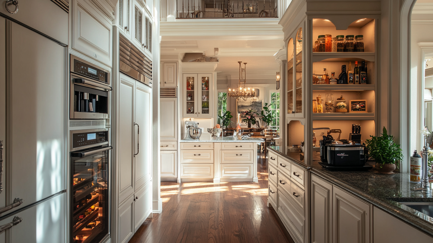 Elegant villa kitchen with hidden appliance wall, open pantry shelving, and custom cabinetry.