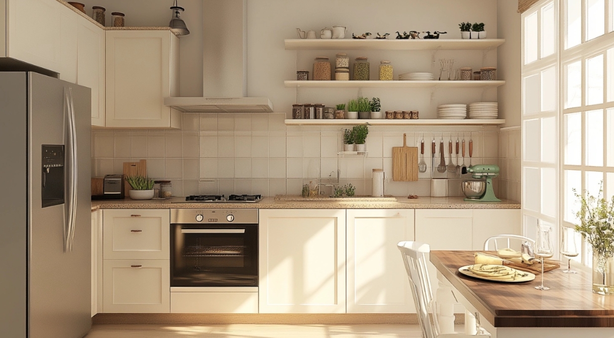 Integrate open shelving with PVC Kitchen Cabinets for an airy feel