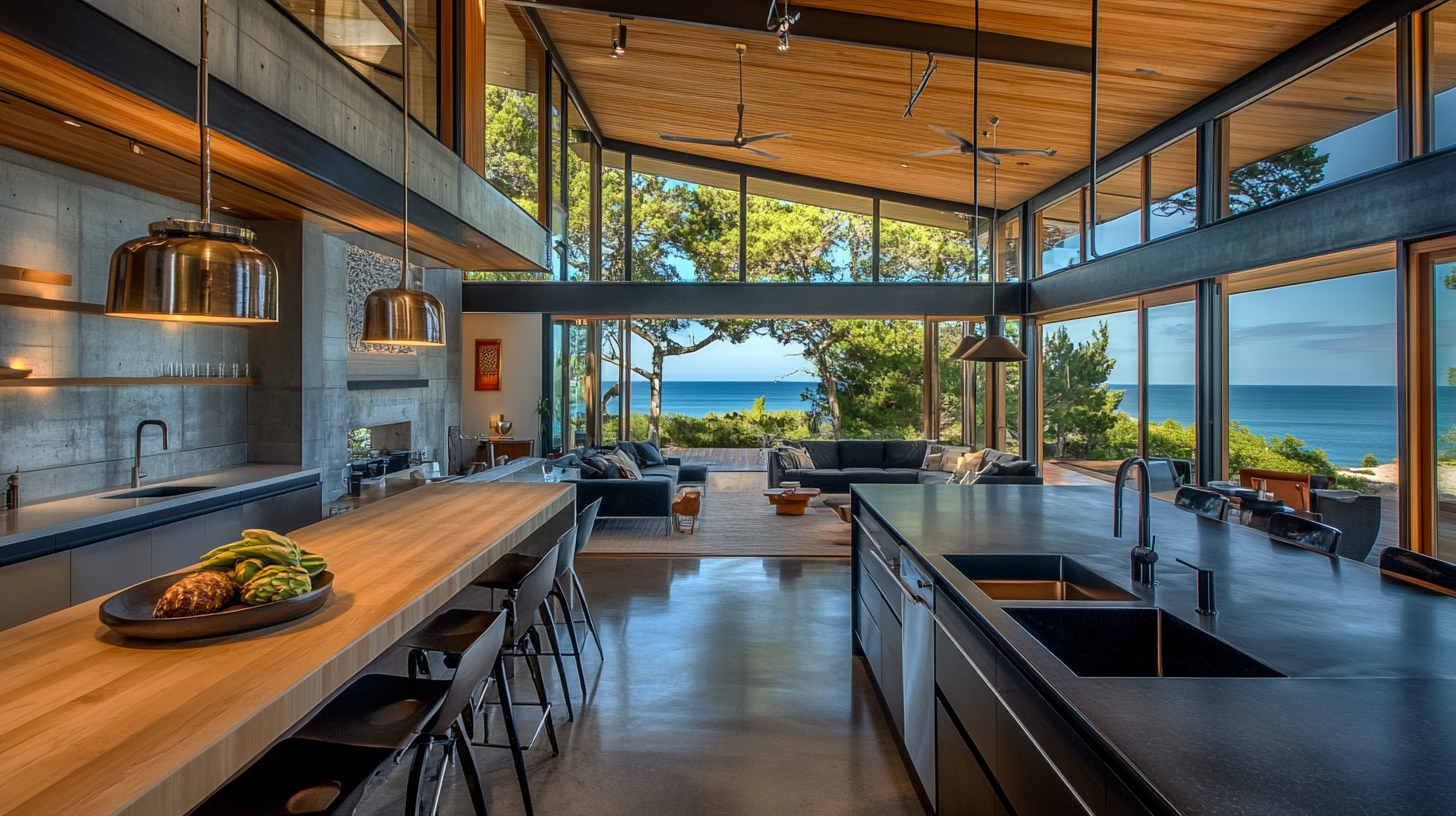 Modern luxury open-plan kitchen with ocean view, dark matte cabinets, wood ceiling, and long island – high-end kitchen cabinet design for 2025.