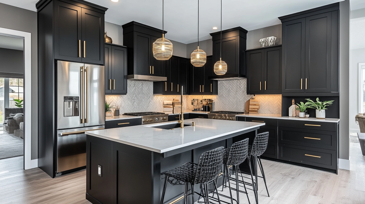 Matte black kitchen cabinets with gold handles and white quartz countertops – bold and modern design for 2025.