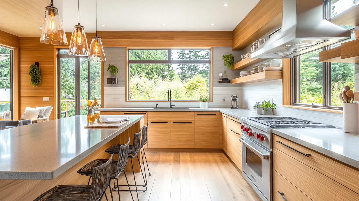Light wood kitchen cabinets with open shelves, island seating, and large windows – bright and minimal cabinet design for 2025.