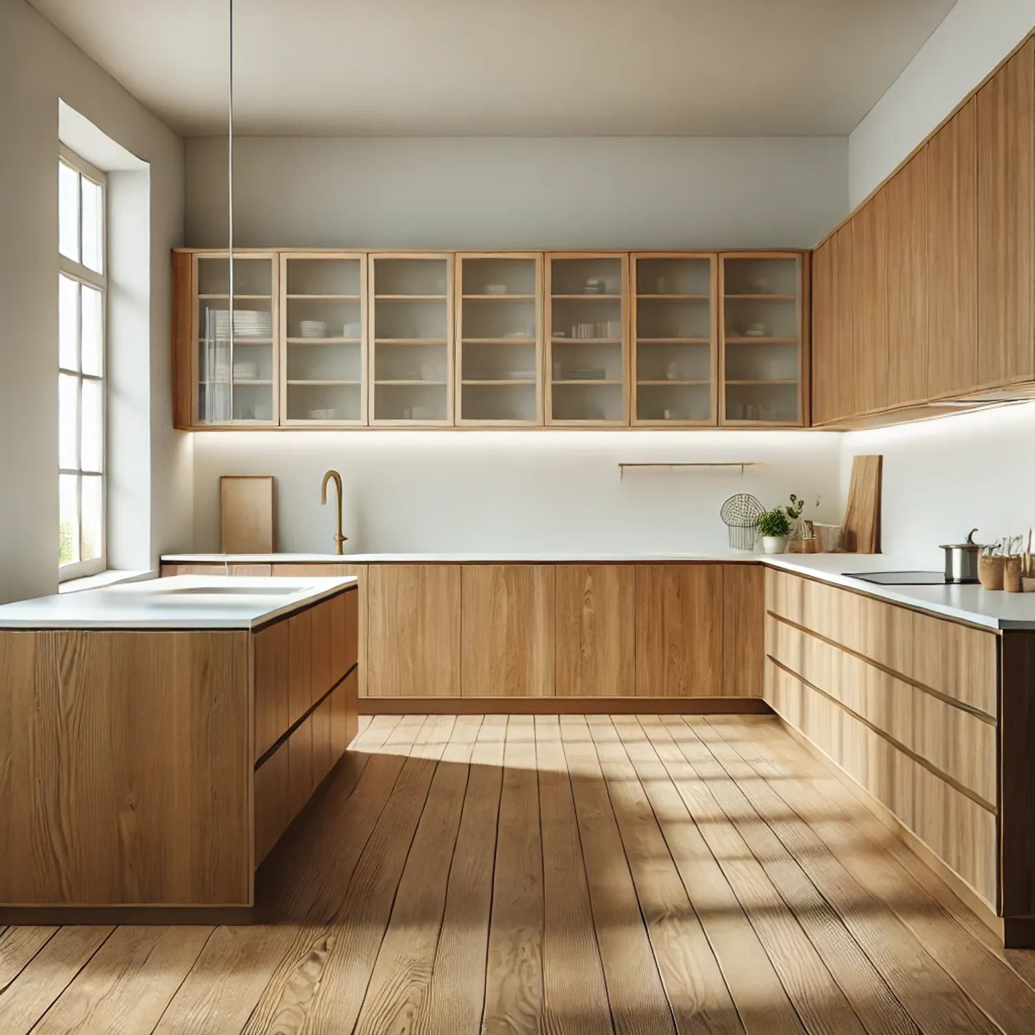 Minimalist kitchen with walnut kitchen cabinets, featuring sleek, clean lines, glass-front upper cabinets, and under-cabinet lighting. The warm walnut wood enhances the modern, open design of the space with bright natural light streaming in from large windows.