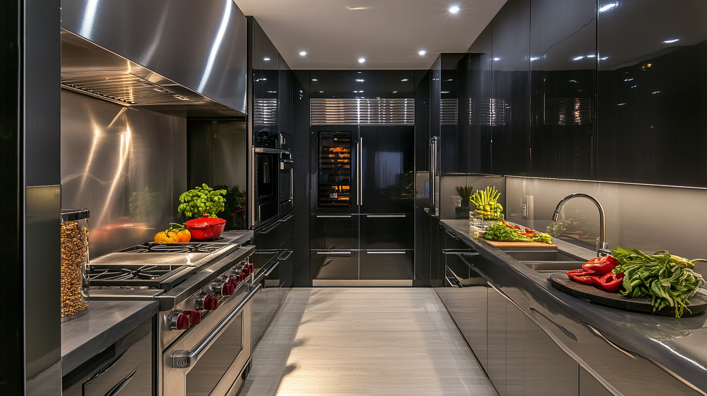 Sleek black high-gloss cabinets paired with minimalist gray walls and stainless steel appliances.