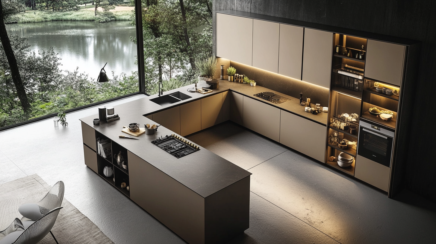 Right Kitchen Cabinets Selecting Tips In 2025 1 Modern U-shaped kitchen design with built-in appliances and minimalist beige cabinets – ideal cabinet layout for 2025.