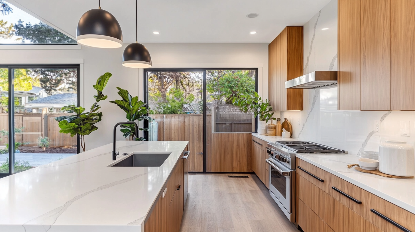 Modern villa kitchen with clean lines, wooden cabinets, white countertops, and large glass windows with outdoor views.