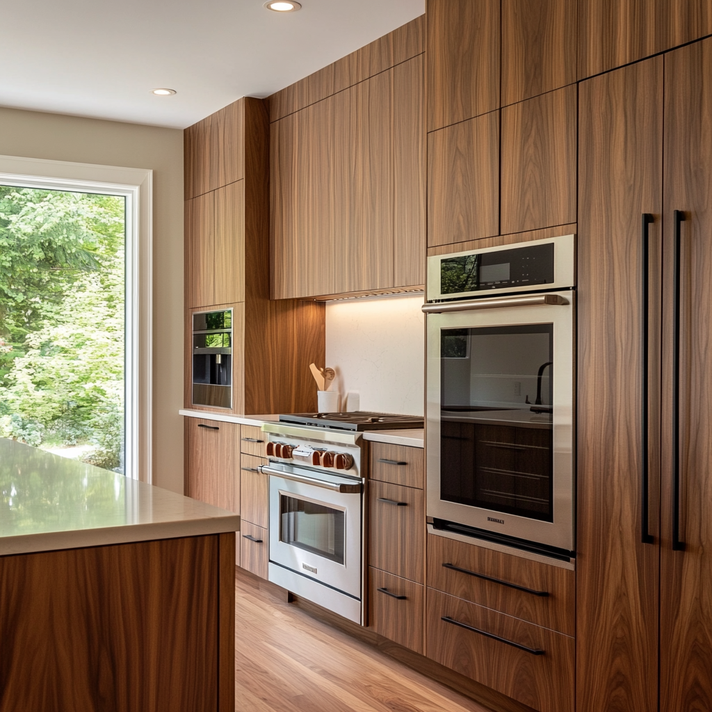 Modern kitchen with walnut kitchen cabinets, featuring sleek built-in appliances like ovens and a stove. The walnut wood cabinets have a natural grain finish, complementing the minimalist design of the space with clean lines and contemporary style.