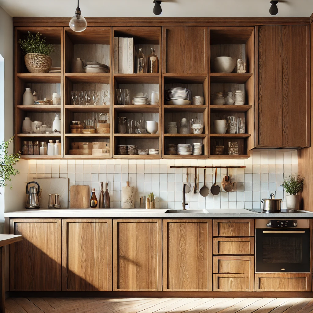 Walnut kitchen cabinets with open shelving and sleek countertops. The design features a modern aesthetic, with organized shelves displaying glassware, plates, and kitchen essentials. The warm walnut wood adds a cozy and inviting touch to the kitchen, while the clean lines and minimalist style enhance its functionality.