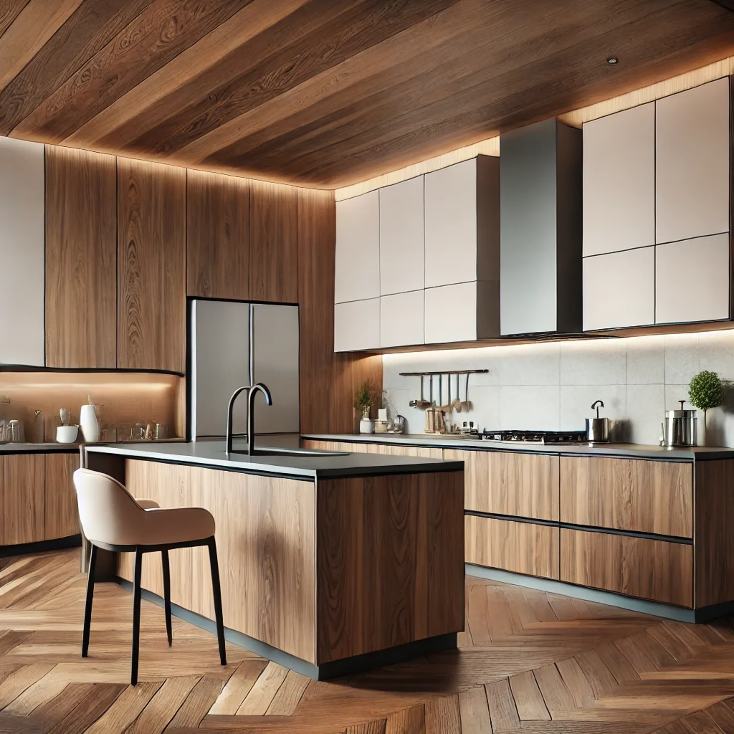 Modern kitchen with walnut kitchen cabinets featuring sleek, minimalist design, under-cabinet lighting, and high-end appliances. The rich walnut wood contrasts with light-colored cabinets and countertops, creating a sophisticated, contemporary atmosphere.