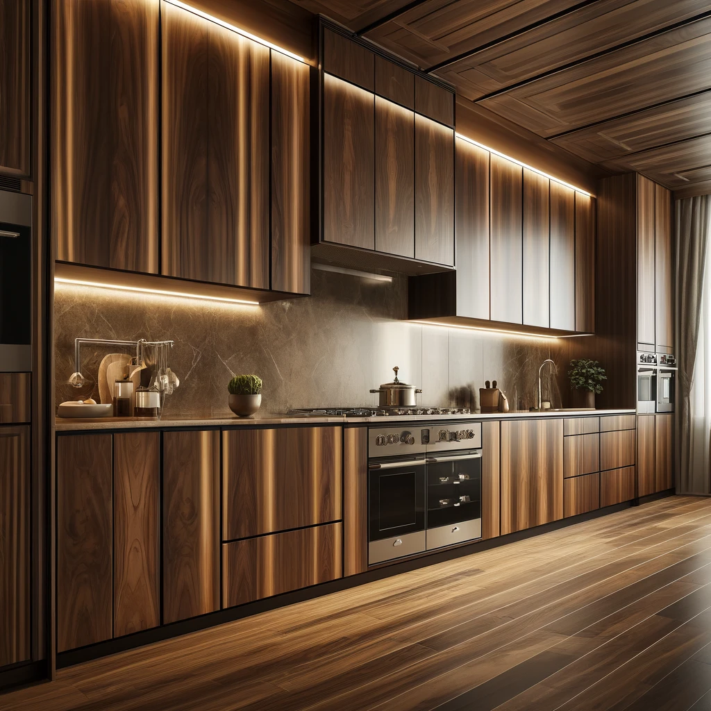 Modern kitchen with walnut kitchen cabinets featuring sleek lines, under-cabinet lighting, and high-end appliances. The dark walnut wood finish is complemented by the warm glow of LED lights, creating a sophisticated, contemporary atmosphere.