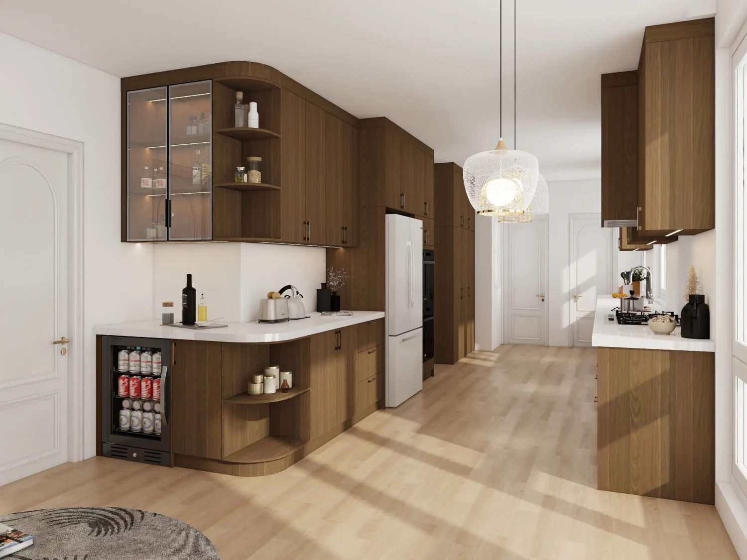 Modern gallery kitchen with wood cabinets and a built in wine fridge