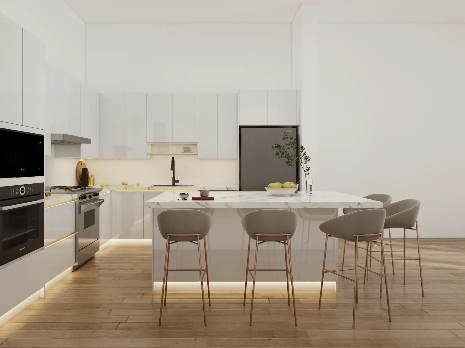 Modern kitchen with white cabinets marble island and gray chairs featuring a minimalist design