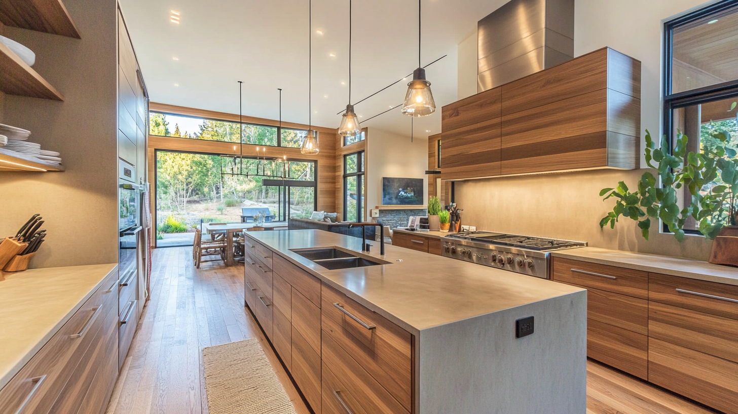 Natural wood grain kitchen cabinets with minimalist handles and soft lighting – 2025 kitchen cabinet trend for warmth and texture.