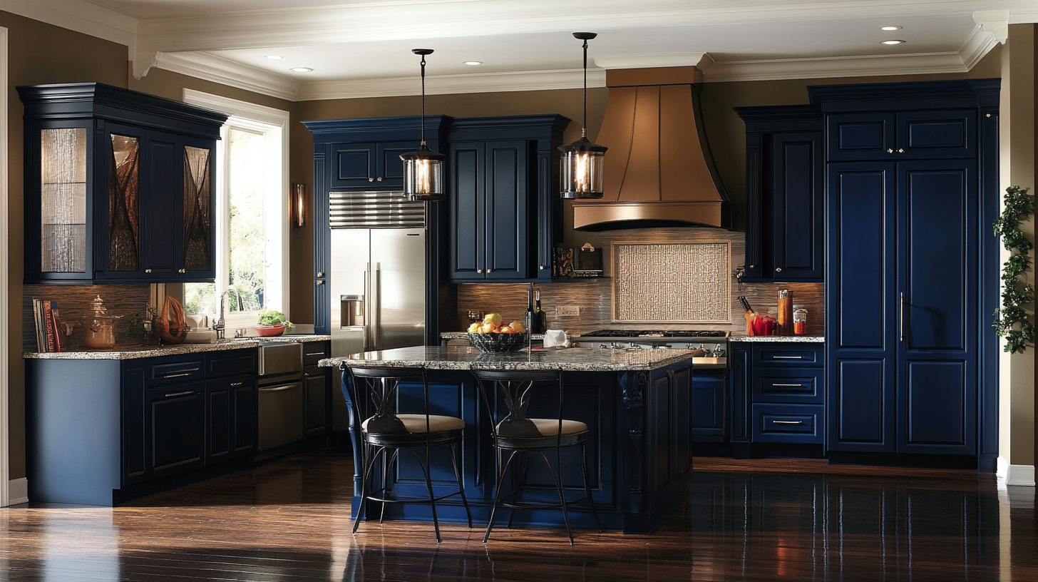 Luxury kitchen with navy blue cabinets, granite countertops, and copper hood – dramatic cabinet statement for 2025 kitchens.