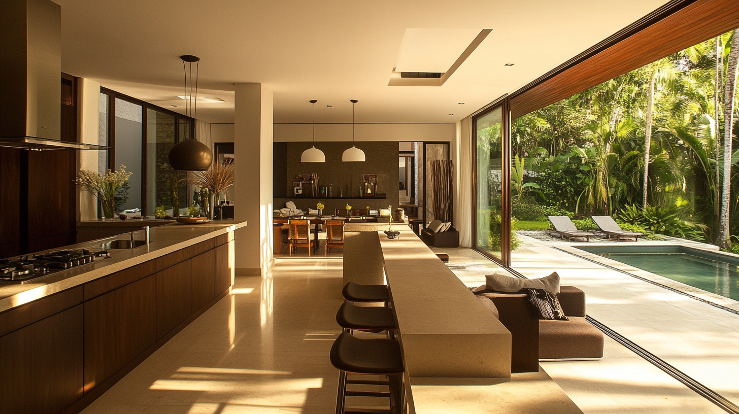Open-concept villa kitchen with modern island and seamless transition to tropical poolside garden.