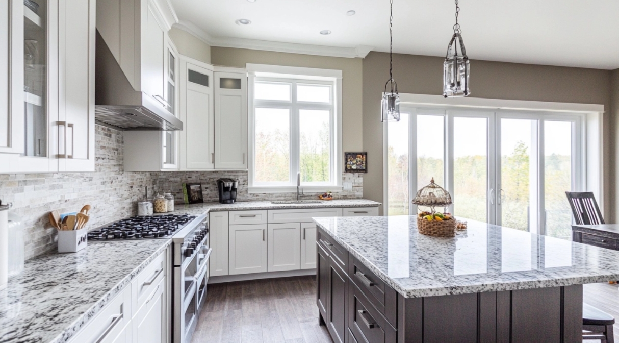 Pair PVC cabinets with natural stone countertops