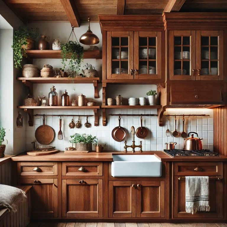 Rustic kitchen with walnut kitchen cabinets, featuring a vintage farmhouse sink and open shelving displaying copper cookware and plants. The warm walnut wood adds a natural, earthy feel to the kitchen, with rich textures and a cozy, inviting design.