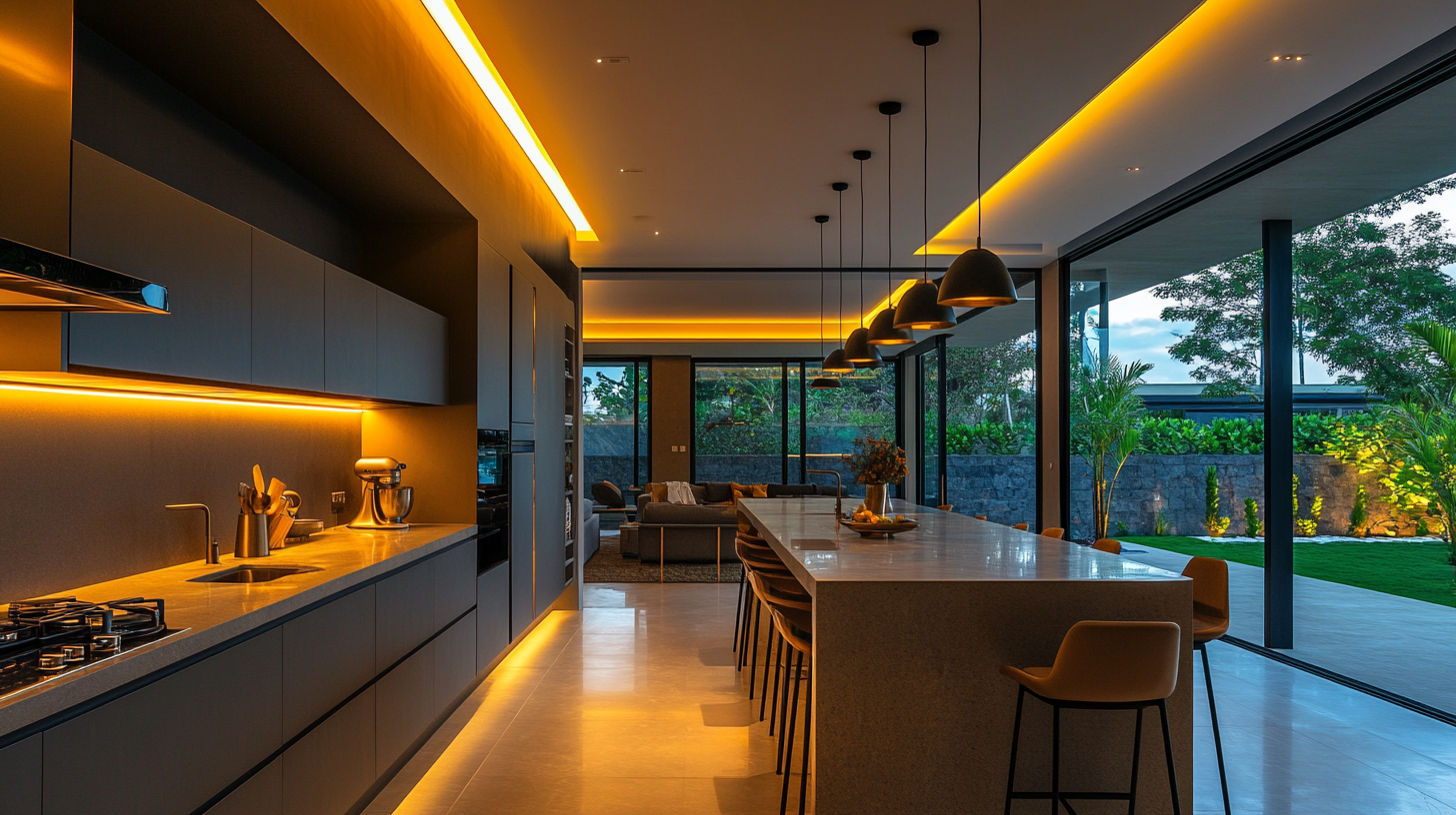 Smart Lighting Design in a Contemporary Villa Kitchen Modern villa kitchen with smart recessed and pendant lighting – perfect for multifunctional open-plan spaces.