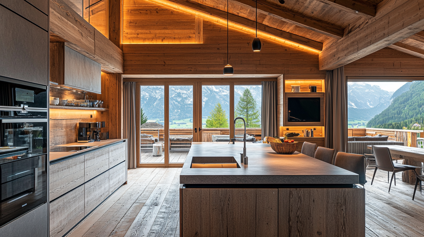 Modern wooden villa kitchen with island sink and panoramic mountain views through glass doors.