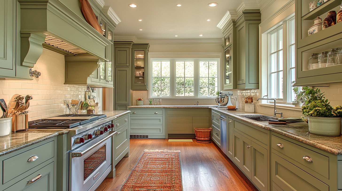 Sage green kitchen cabinets in a traditional galley-style layout with white backsplash and wood floor.