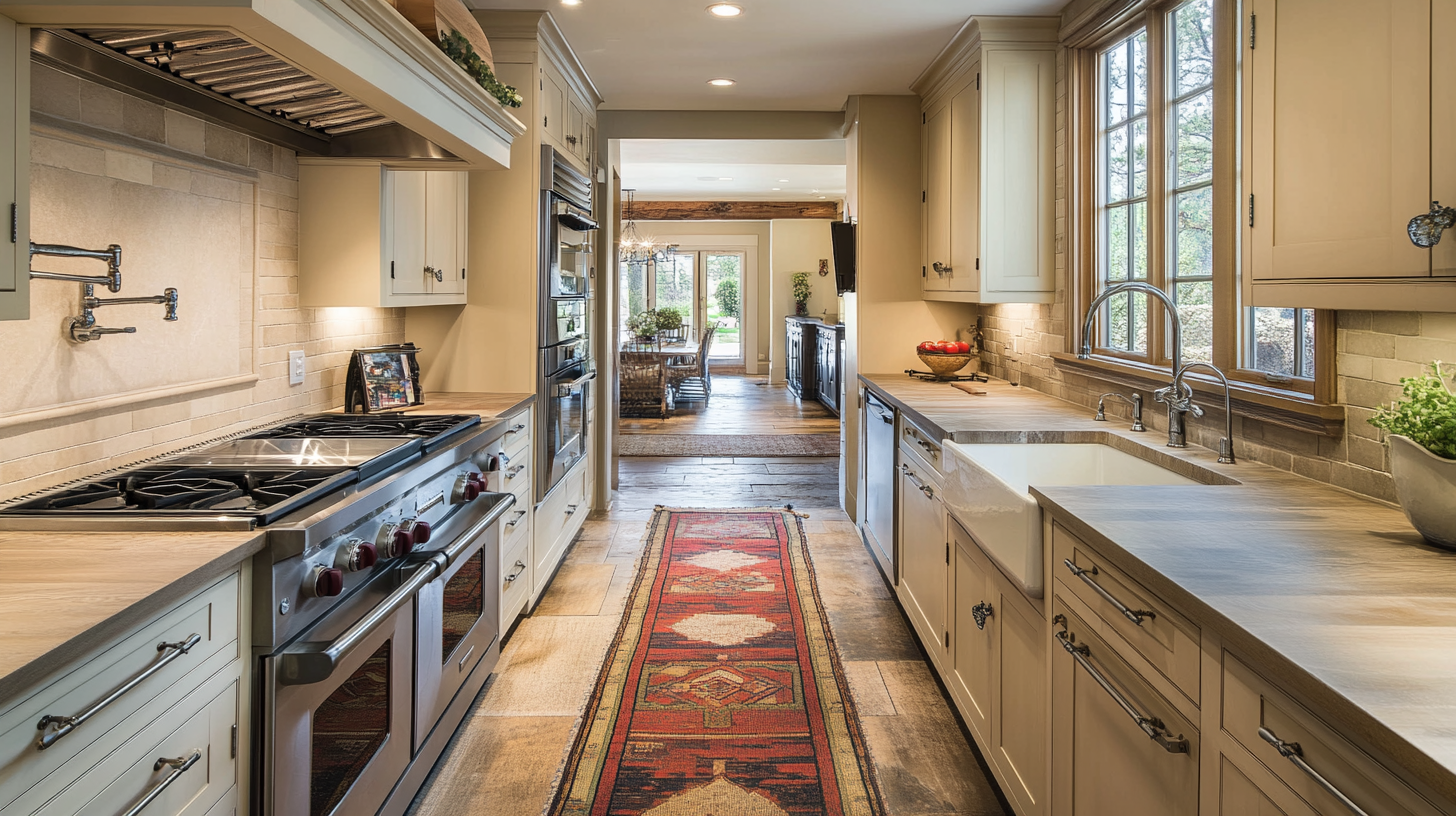 Traditional galley kitchen with beige shaker cabinets, wood countertops, and a farmhouse sink – functional and warm cabinet design for 2025.