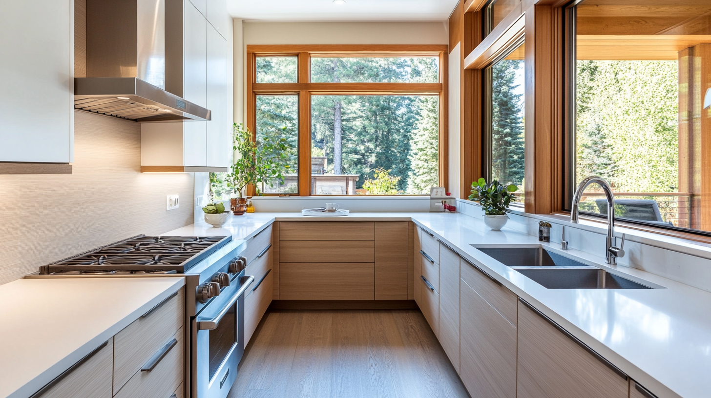 Right Kitchen Cabinets Selecting Tips In 2025 2 U-shaped kitchen with natural wood cabinets and large windows – bright and efficient kitchen cabinet design for 2025.