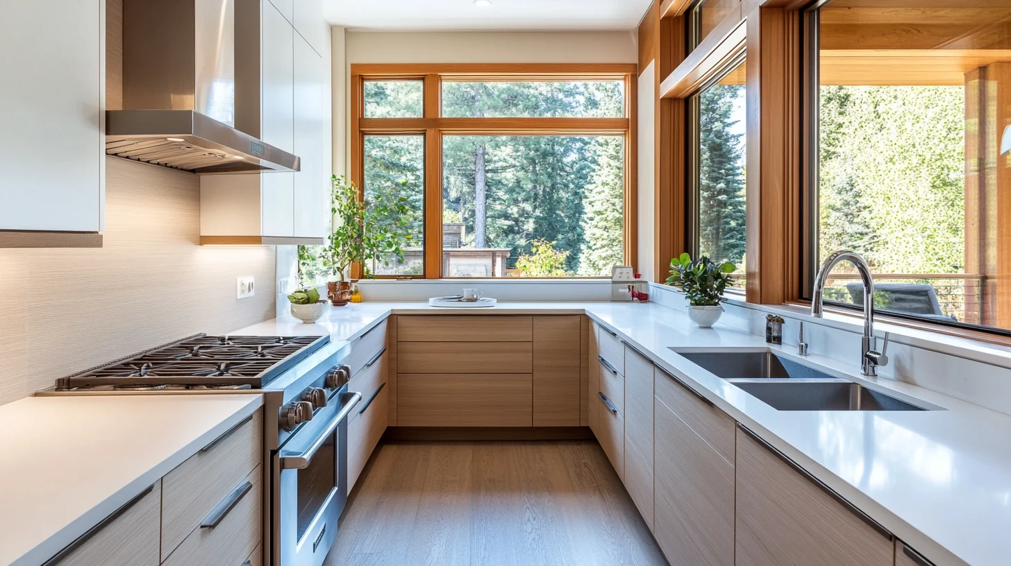U-shaped kitchen with natural wood cabinets and large windows – bright and efficient kitchen cabinet design for 2025.