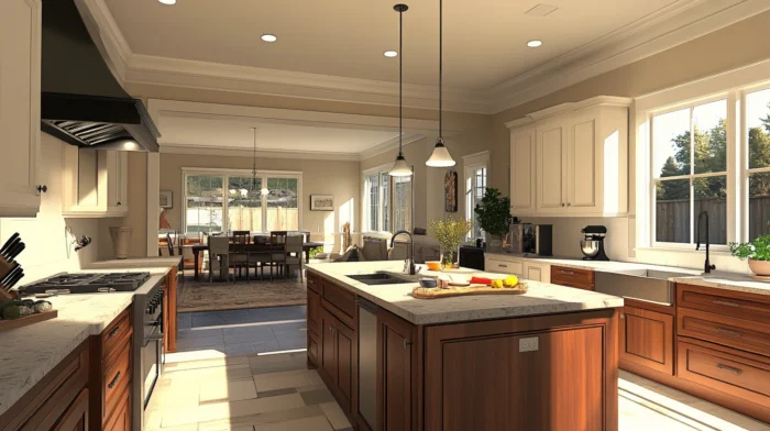 Spacious villa kitchen with U-shape layout and central island, showcasing the kitchen work triangle.