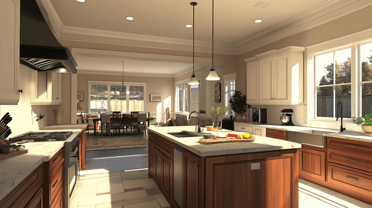 Spacious villa kitchen with U-shape layout and central island, showcasing the kitchen work triangle.