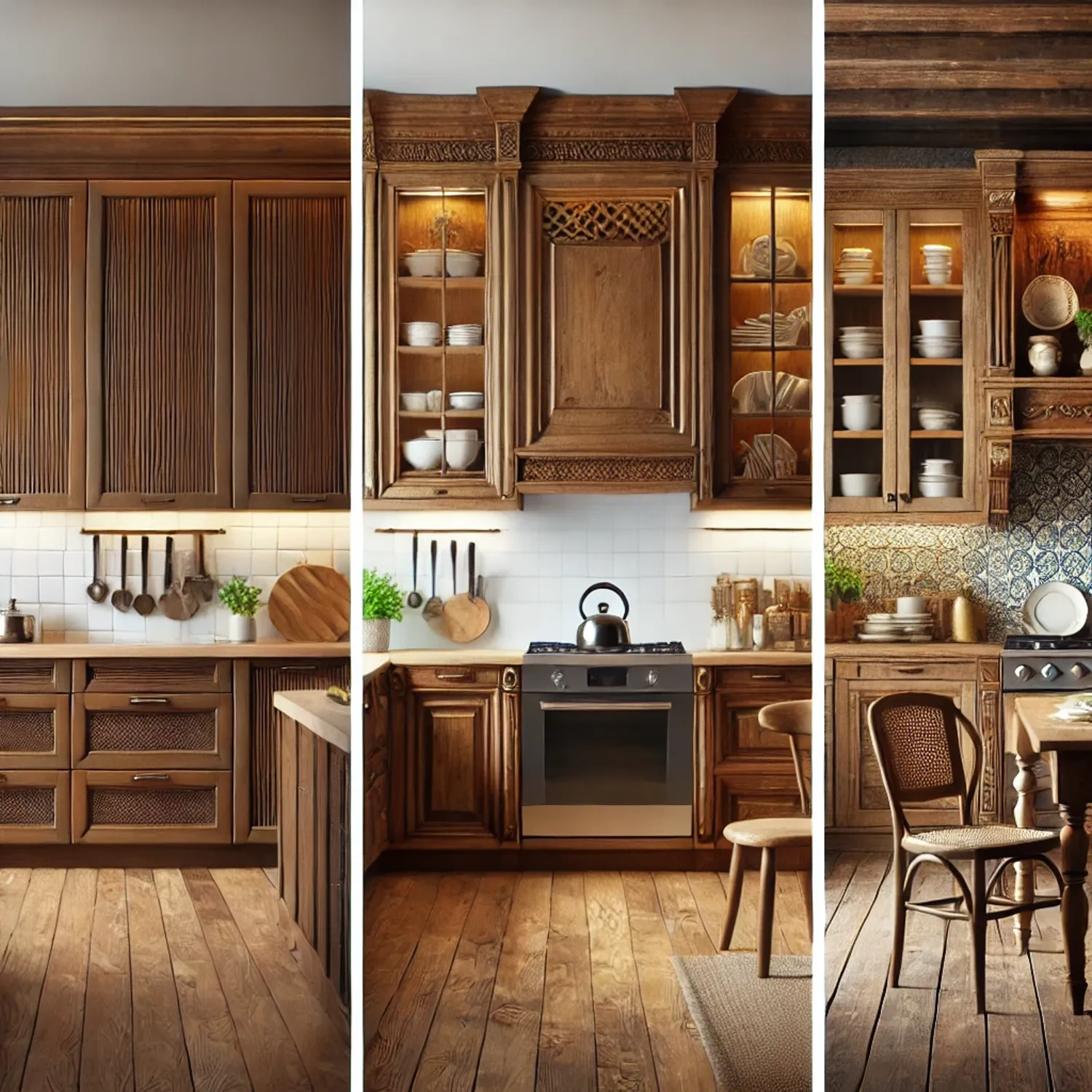Rustic walnut kitchen cabinets displayed in three different designs: a traditional style with intricate details, a more minimalist classic style, and a cozy farmhouse design. Each style showcases the versatility of walnut wood, with under-cabinet lighting and open shelving highlighting the natural grain of the wood.