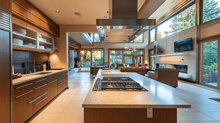 Modern villa kitchen with open layout, sleek wood cabinetry, stainless steel range hood, and large windows providing natural light.