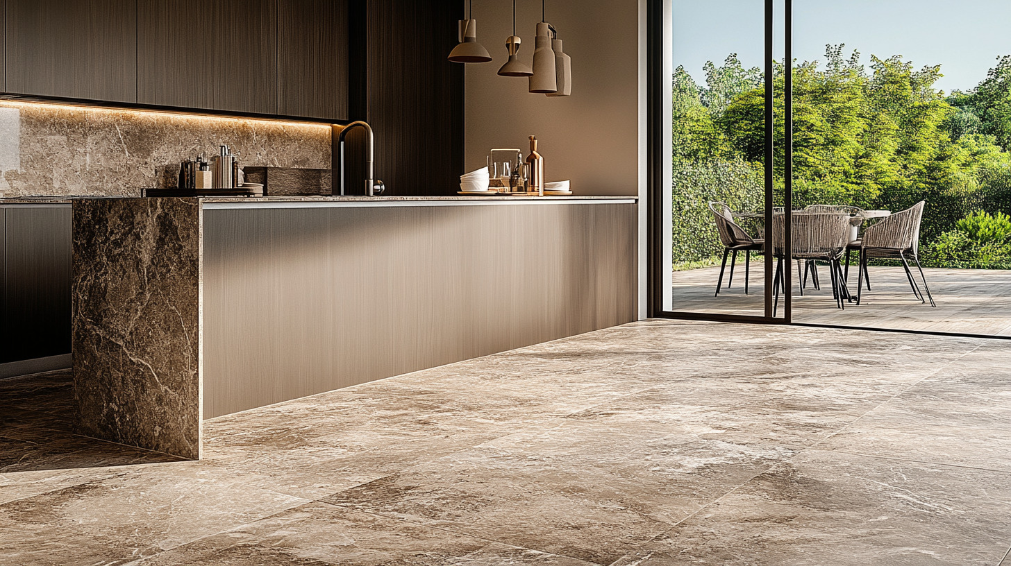 Modern villa kitchen with slip-resistant marble-look tile flooring, sleek cabinets, and outdoor dining connection.