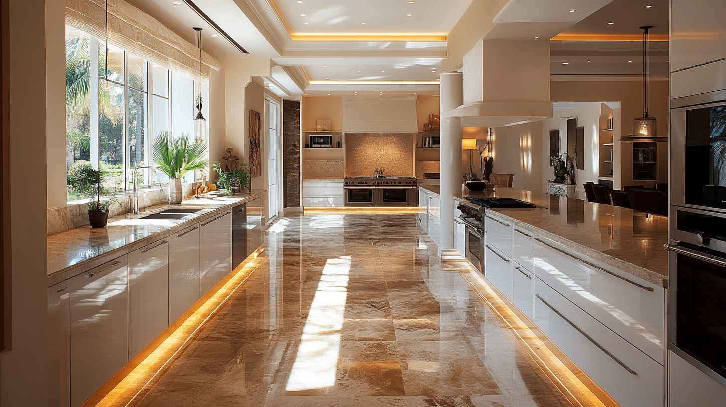 Luxury villa kitchen with glossy stone tile flooring, under-cabinet lighting, and spacious layout.