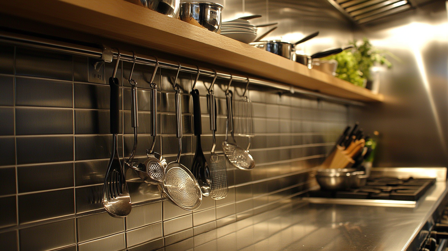 Kitchen wall-mounted hanging rack with utensils, spatulas, and ladles neatly organized – efficient storage solution for 2025 kitchens.
