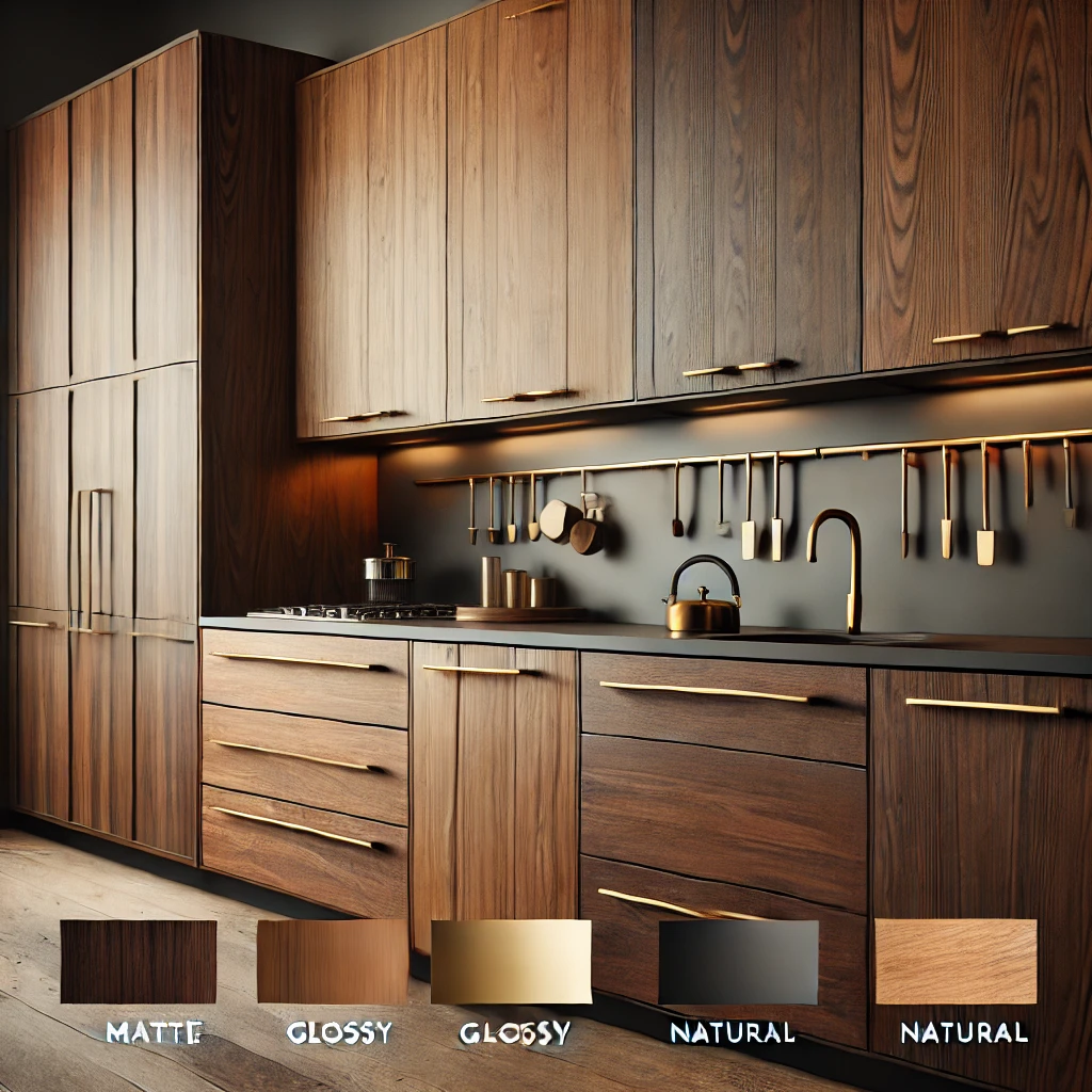 Walnut kitchen cabinets in different finishes: matte, glossy, and natural, with sleek gold handles. The image displays various walnut cabinet styles, each showing a unique texture and sheen, with gold accents complementing the deep tones of the walnut wood. The modern kitchen design is enhanced by under-cabinet lighting and minimalist decor.