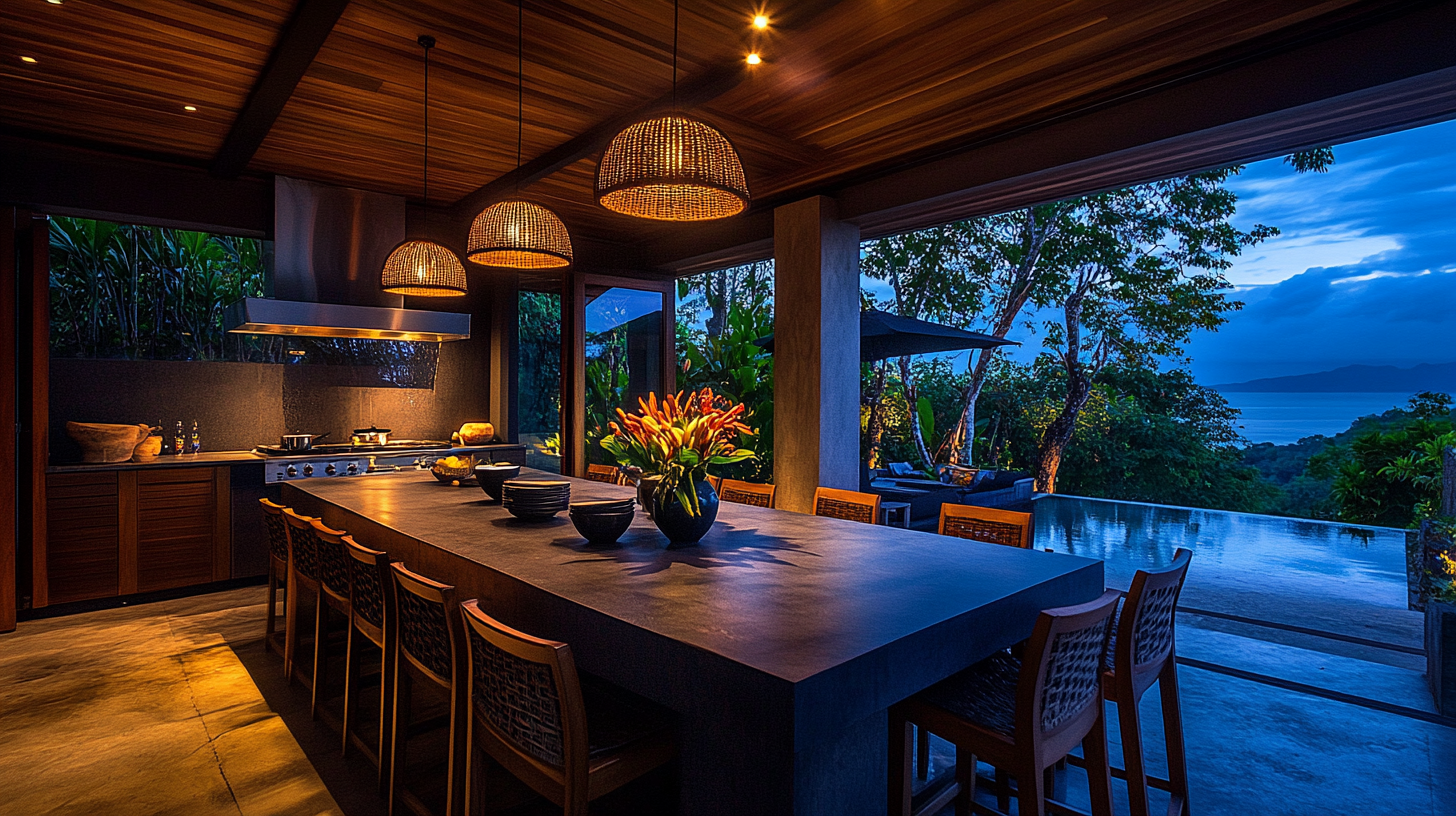 Warm Ambient Lighting in Tropical Villa Kitchen Tropical villa kitchen with pendant lights and pool view at night – highlighting layered lighting design.