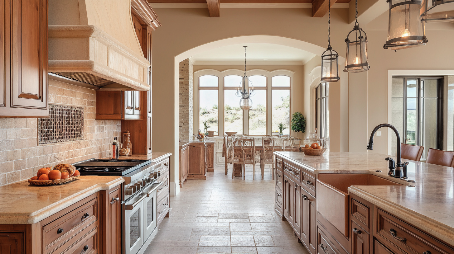Caramel-toned wood cabinets with beige countertops and stone-look backsplash for a warm kitchen aesthetic.
