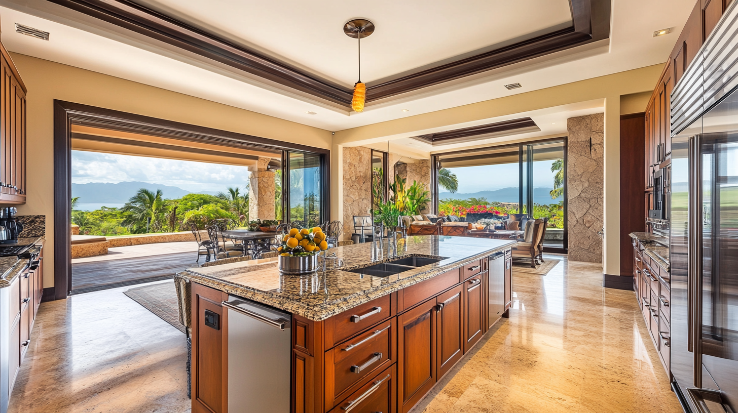 Luxury villa kitchen with wood cabinetry and mountain view – featuring spacious design and natural materials.