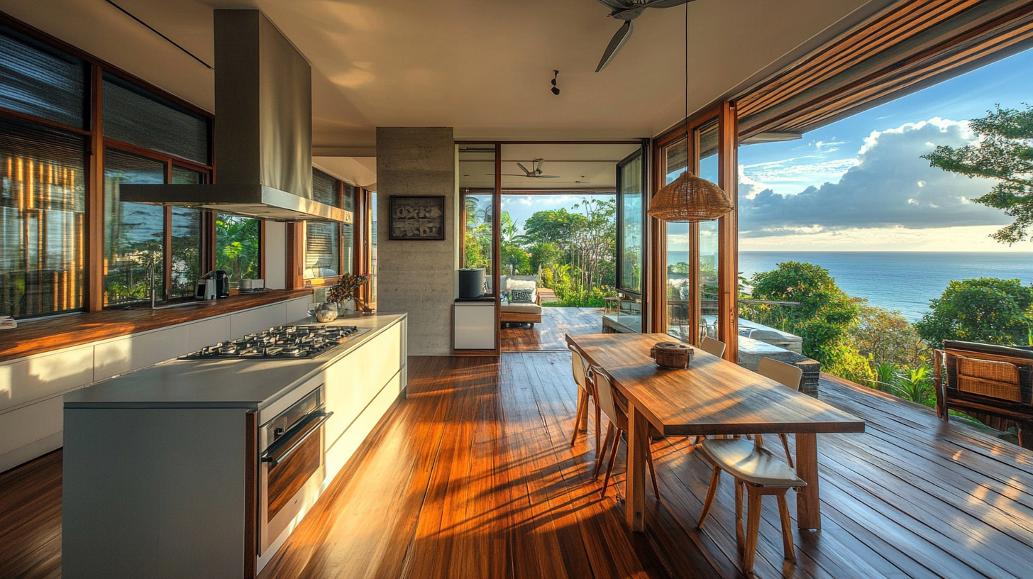 Coastal villa kitchen with wooden flooring, open dining area, and panoramic ocean view.